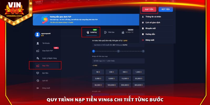 Hướng dẫn từng bước nạp tiền vào tài khoản Vin68